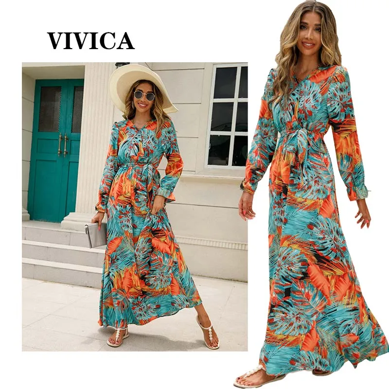 

Autumn and Winter New Fashion Print Long-sleeve V-neck Long Skirt Chiffon Belt and Ankle Dress