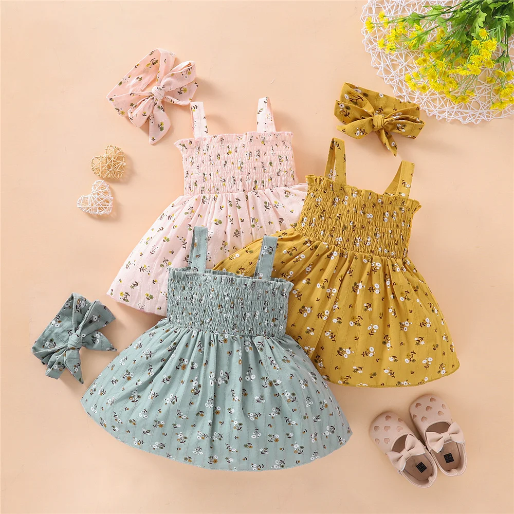 

6-36 Months Summer Toddler Baby Girls Cute A-Line Dress Infant Kids Sleeveless Floral Printed High Waist Tutu Dress And Headband