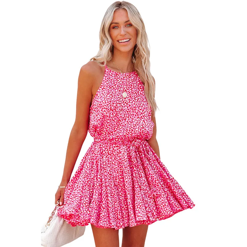 

Casual Dresses Women's leopard print sleeveless high waist lace-up pleated suspender dress