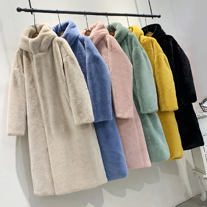 Faux Fur Hooded Coat Women Autumn Winter 2022 Casual Loose Long Female Jacket Fur Plush Thick Warm Cotton Lining Outwear Clothes