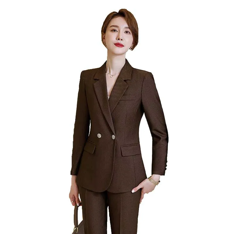 

Fashion Long Sleeve Coffee Women Formal Pant Suit Ladies Female Business Work Jacket Trouser 2 Piece Blazer Set For Winter