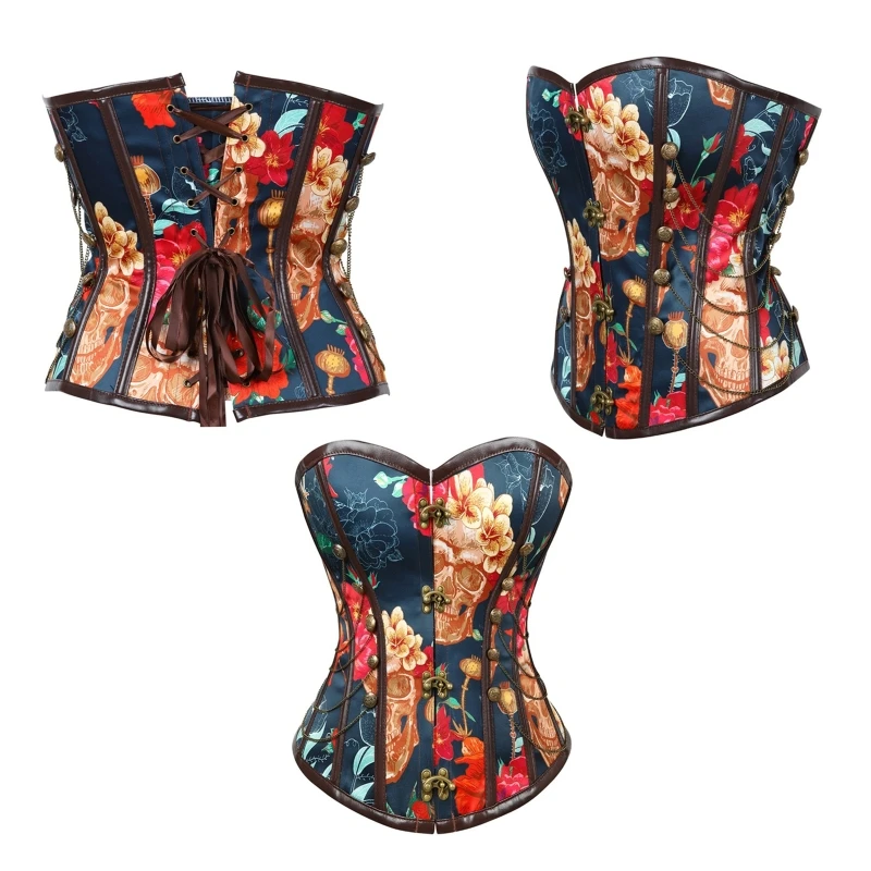 

H9ED Women Steampunk Strapless Overbust Corset Bustiers Gothic Pirate Skull Floral Pattern Fish Boned Shapewear Bodices Waist