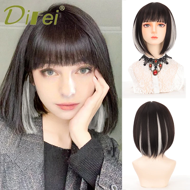 DIFEI 25CM Synthetic Female Medium Short Straight Hair With Bangs Wig Silver White Highlight Collarbone Cosplay Natural Wig