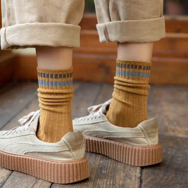 5pair/Lot Spring Autumn Women Long Socks School Solid Knitting Striped Cotton Breathable Calcetines Mujer Chaussette Loose Sock