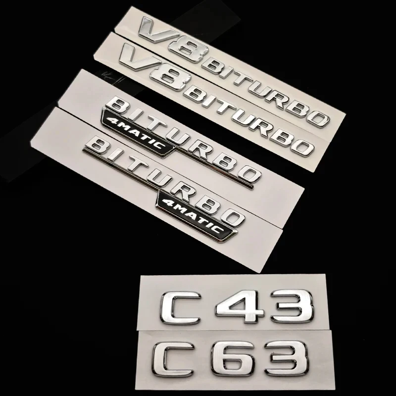 Фото Хромированная эмблема ABS для багажника автомобиля C43 C63, наклейка V8 BITURBO 4MATIC, аксессуары для Mercedes Benz AMG W205 W206 C205 №2