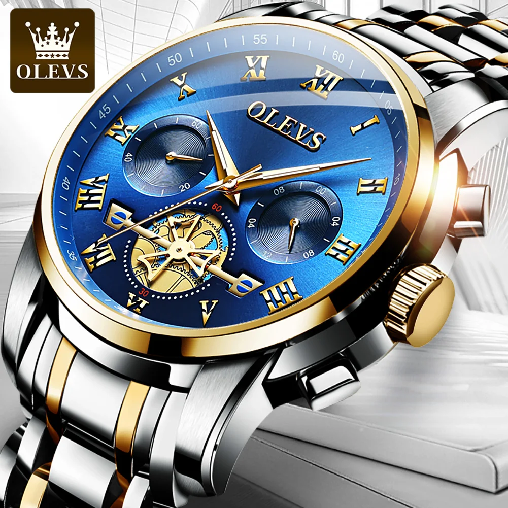 

OLEVS New Men Quartz Watch Luxury Gold Strap Fashion Waterproof Fake Flywheel Men's Watches Men Clock Luminous Hands Chronograph