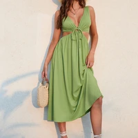 summer new european and american sexy hollow pleated tie waist sexy comfortable v neck dress big swing long skirt vest skirt