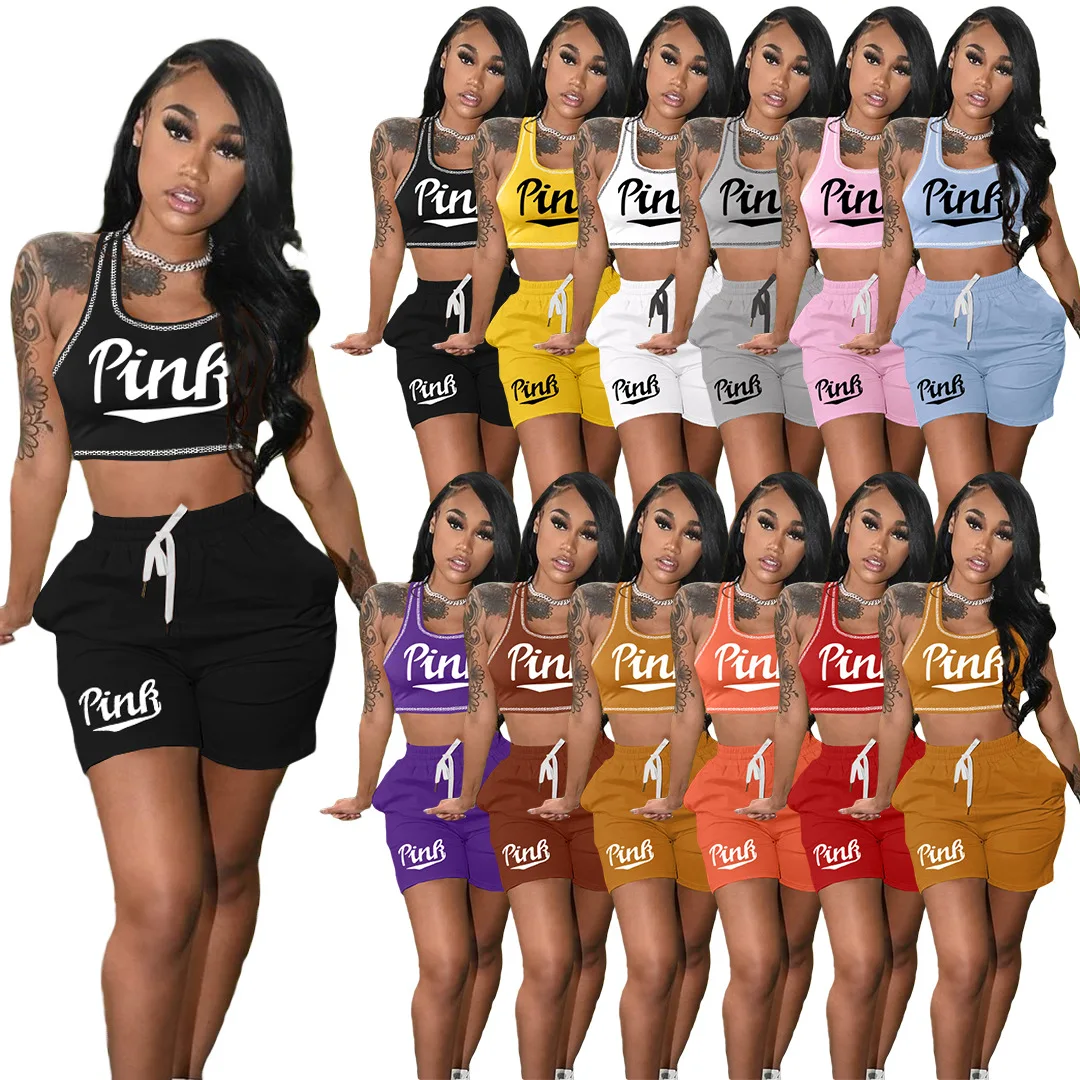 

Letter Print Two Piece Set Women's Summer Vest Shorts Tracksuit Outfit Casual Suit 2022 New Female Sports 2 Piece Sets