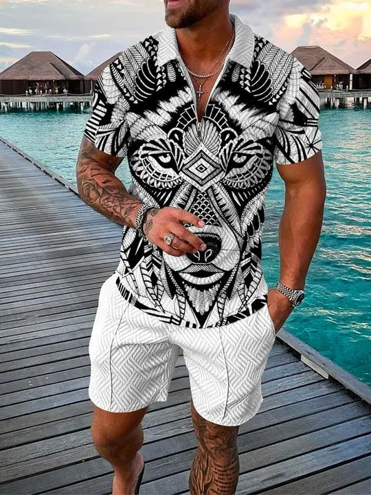 

Summer new Sports Suit Men's 3d Printed Short Sleeve Zipper Polo Shirt & Shorts Suit Men's Casual Street Wear 2-piece Set