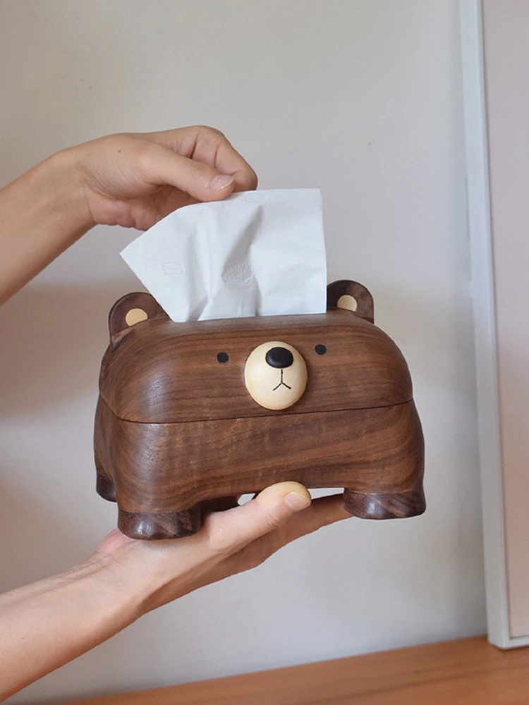 

[KK Original] коробка для салфеток с маленьким медведем, креативный мультяшный Деревянный милый Рабочий стол для гостиной, бумажная коробка с вырезом из черного ореха