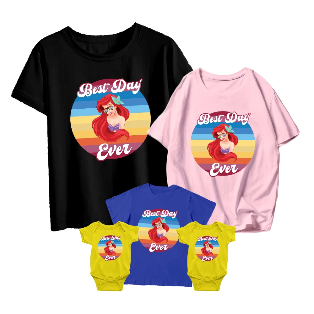 

The Little Mermaid with Sunglasses Family Matching T-Shirt Disney Princess Kids Short Sleeve Unisex Adult Sweet New Baby Romper