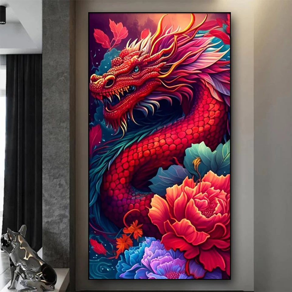 

Полноразмерная Алмазная картина «дракон» с красными пионами, 5d, «сделай сам», ювелирные изделия, Вышивка крестиком, алмазная вышивка, мозаика, украшения для дома