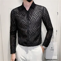 social shirts for men shirts leaf lace hollow out blouse long sleeve streetwear top slim club camisa mens designer clothes 4xl