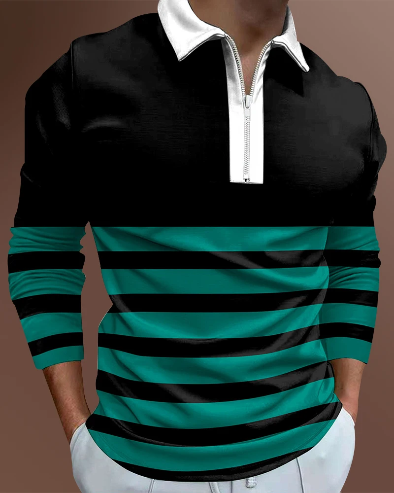 

Men's Casual Autumn Long Sleeve Polo Shirts Men Zip Tee Shirt Men Tops Street Golf Clothing Male Striped Print Clothes 2022