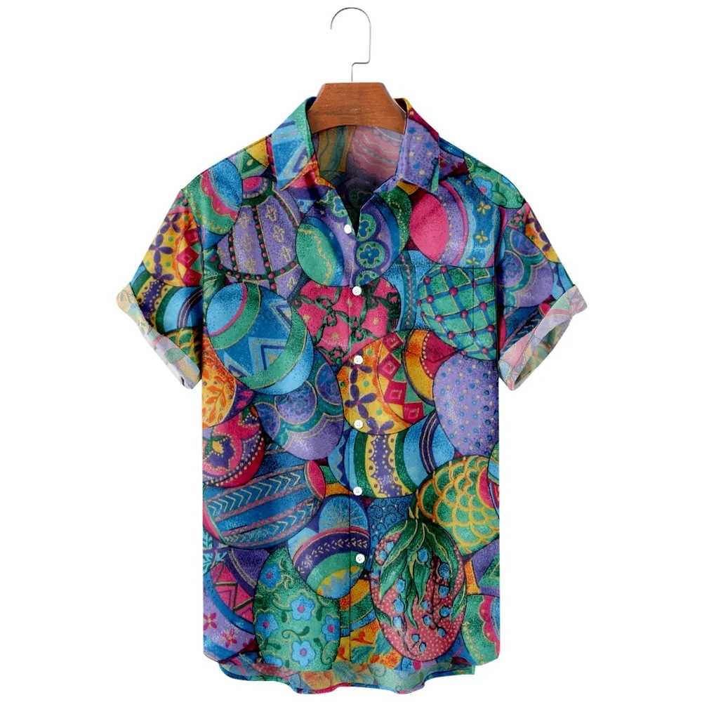

2022 Fashion Casual Hawaiian Beach Shirts, Easter Colorful Eggs Vintage Print, Summer Pocket Shirts for Men and Women