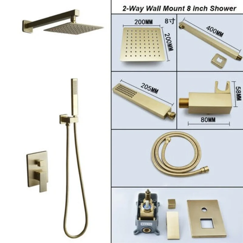 

8/10/12 inch Brushed Gold 2-Way Wall Mount Shower Faucet Mixer Valve Hand Spray