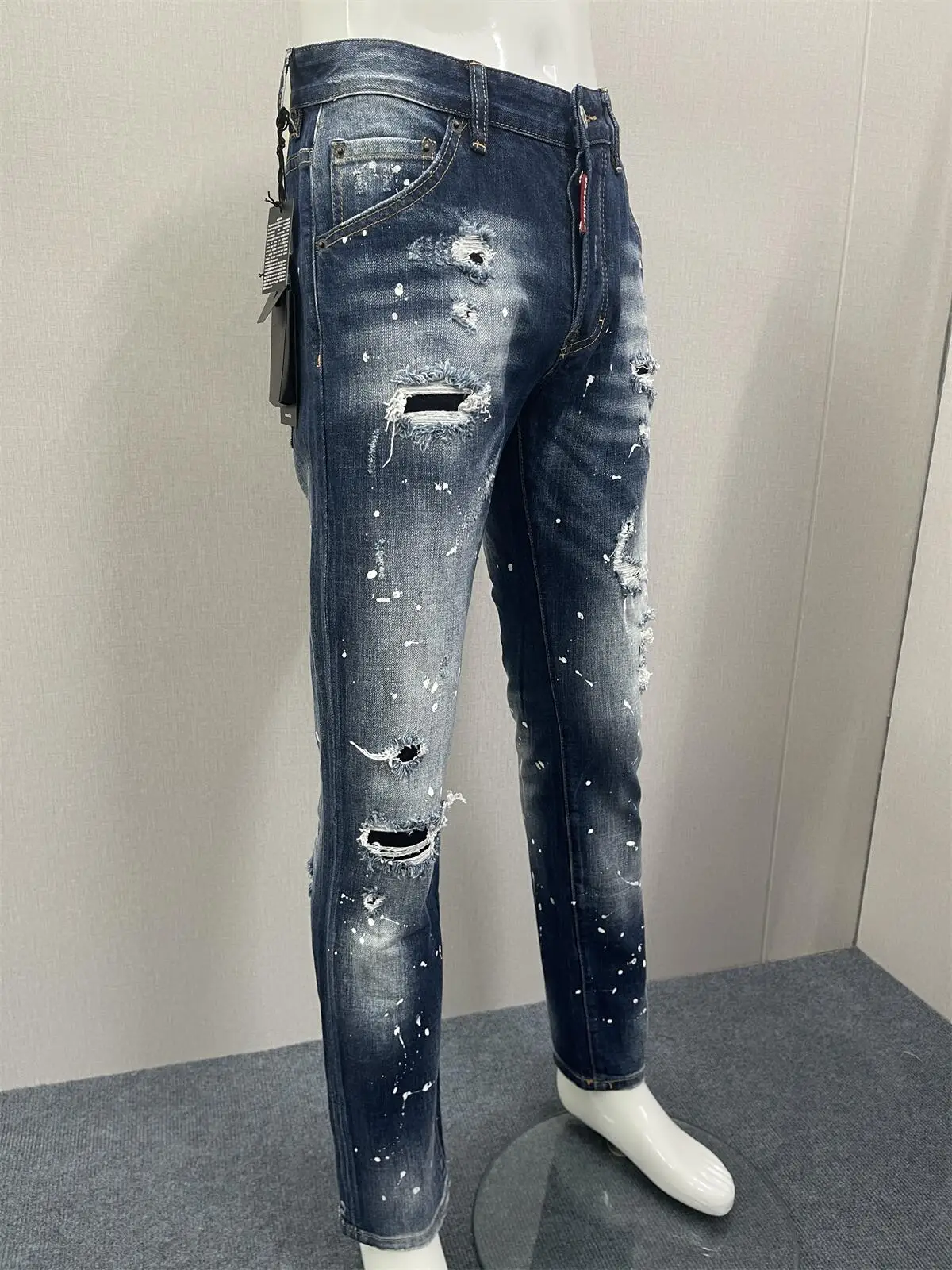 

2023 New D2 Jeans Men's Pants Slim Fit Three Dimensional Splice Water Wash Hole Patch Printing Letter Tidal Feet Casual