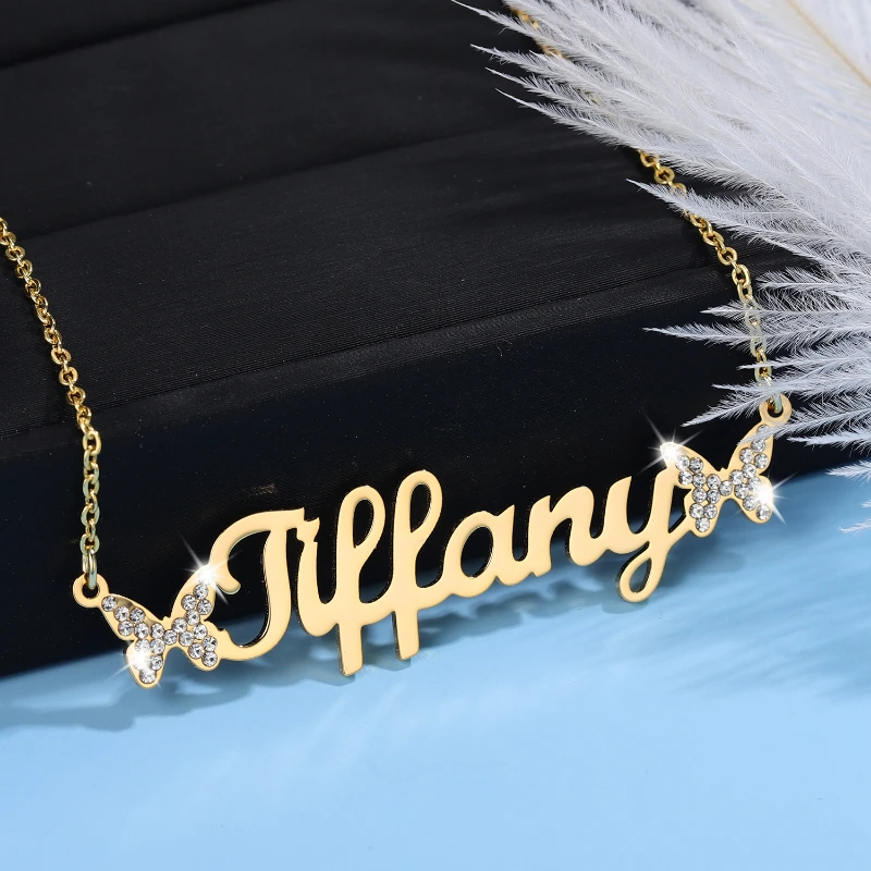 

Personalized Butterfly Necklaces Custom Name Bling Zircon Pendant Gold Stainless Steel Chain Crystal Name Necklace For Women