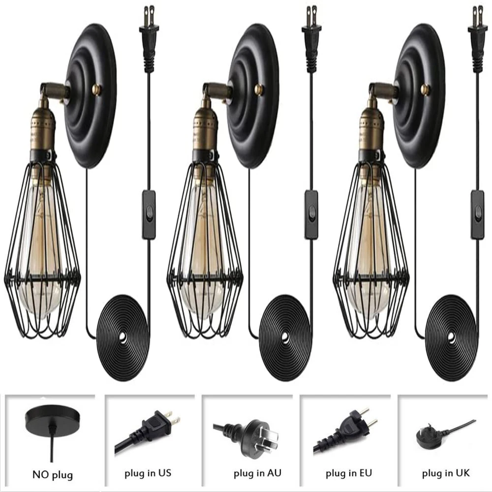 

3 Pack Antique Opening and Closing Wire Cage Wall Light, Retro Black Metal Wall Sconce, Industrial Plug In Wall Lamp for Bathroo