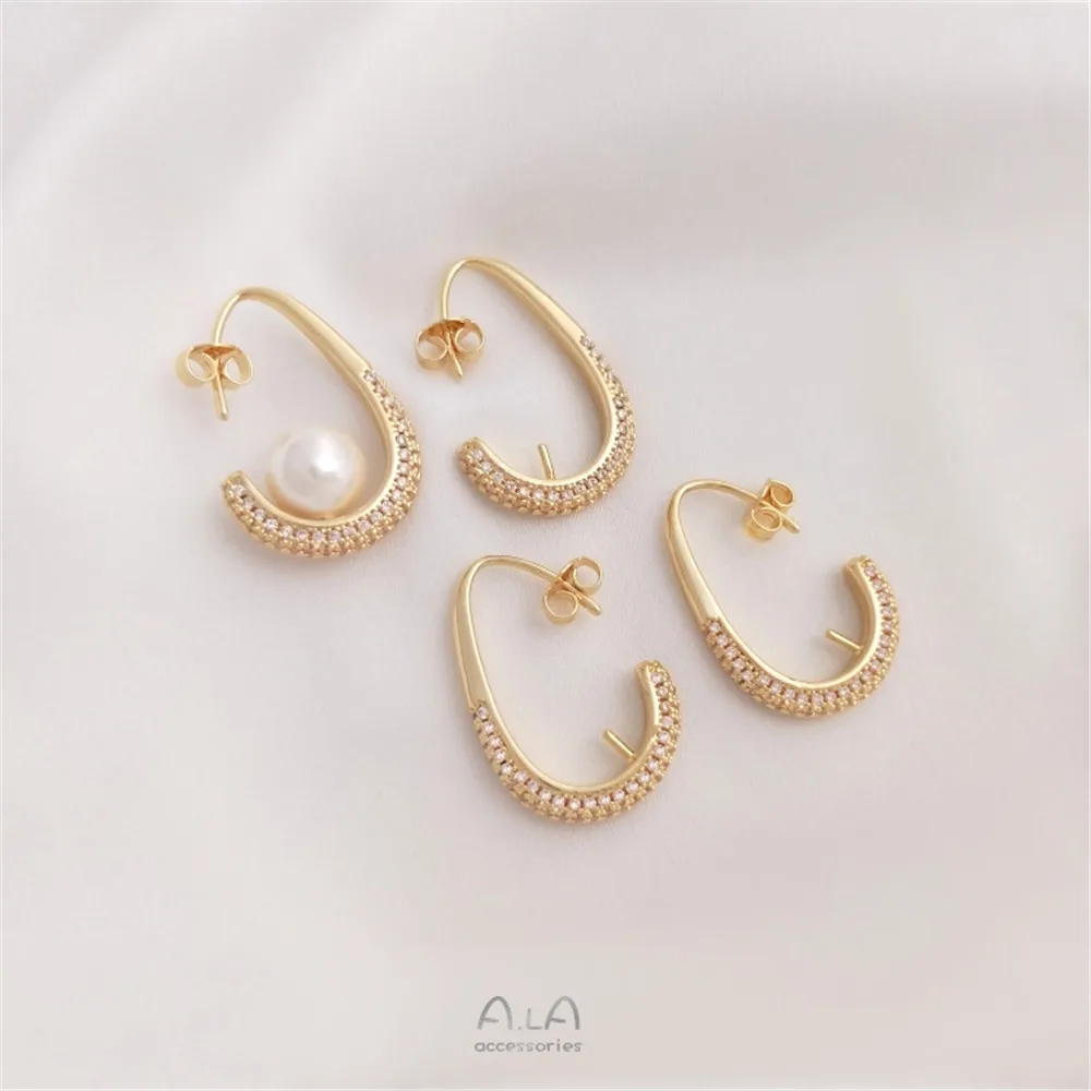 

14K gold gold color micro-inlaid zircon water drop shaped half hole bead hook DIY adhesive crystal pearl earpiece