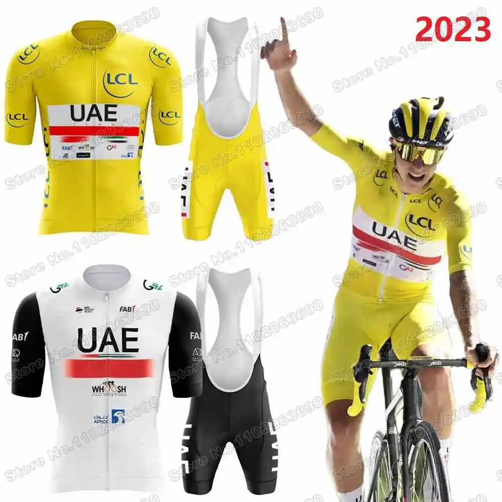 2023 UAE Team Cycling Jersey Set Tadej Pogacar TDF Cycling Clothing Yellow White Road bike Shirt Suit Bicycle Bib Shorts Maillot