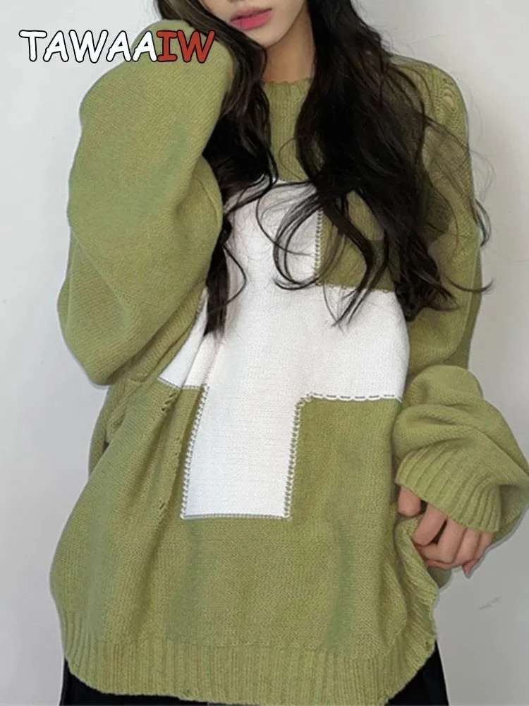 

Женский свитер в готическом стиле Tawaaiw, зеленый вязаный пуловер свободного покроя с длинными рукавами, джемпер в Корейском стиле для осени и...