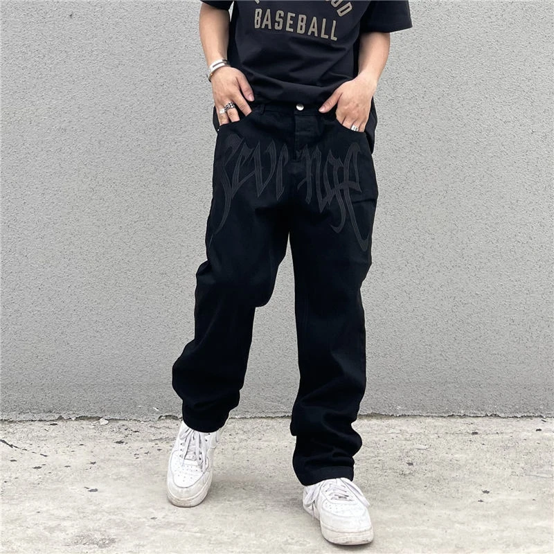 

Y2K Emo Men's Fashion Black Streetwear Embroidered Low Rise Baggy Jeans Trousers Straight Hip Hop Alt Denim Pants Male Clothes
