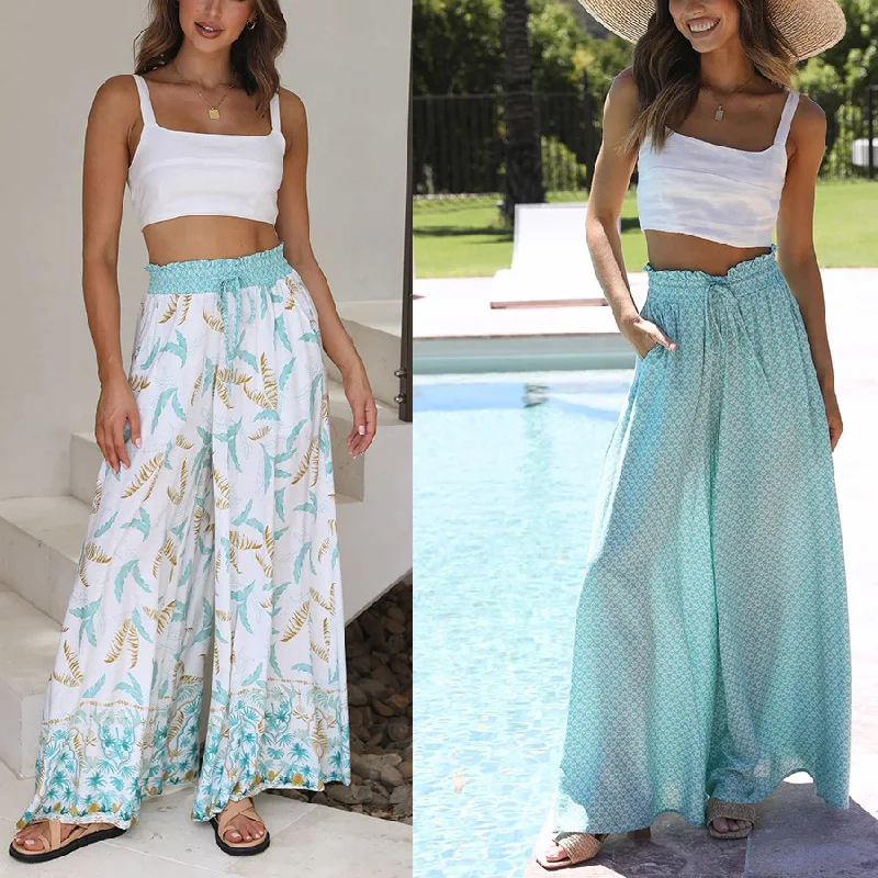 2023 Spring Ladies Loose Wide Leg Pants New Summer Printing Elastic Waist Casual Trousers Fashion Korean Elegant Pants