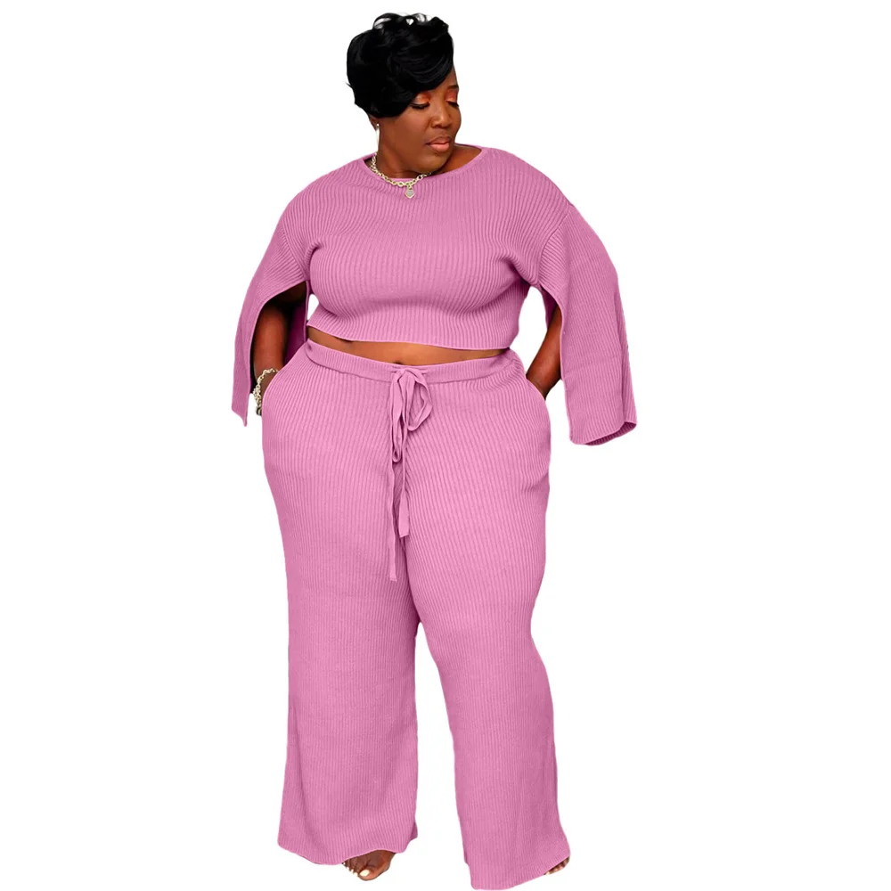 Plus Size New Women Clothing Two Piece Set Casual Slip Sleeve Ribbing Super Stretch Elegant Pants Sets Wholes 3xl 4xl 5xl 6xl