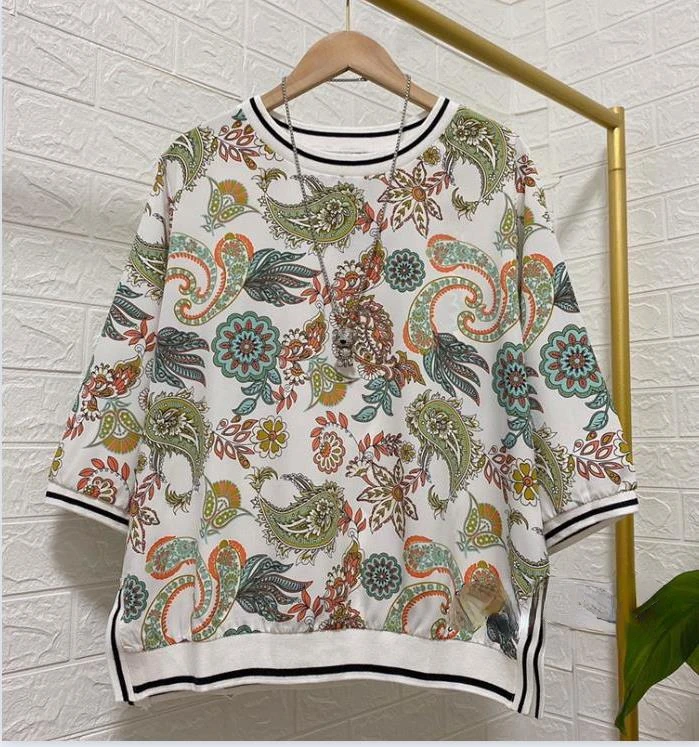

women vintage half sleeve print blouses lady loose print floral top