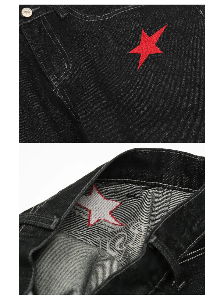 Four Seasons Star Letter Embroidery Black Hip Hop Men's Straight Jeans Trousers Street Men Loose Jeans New Fashion Spodnie JEANS