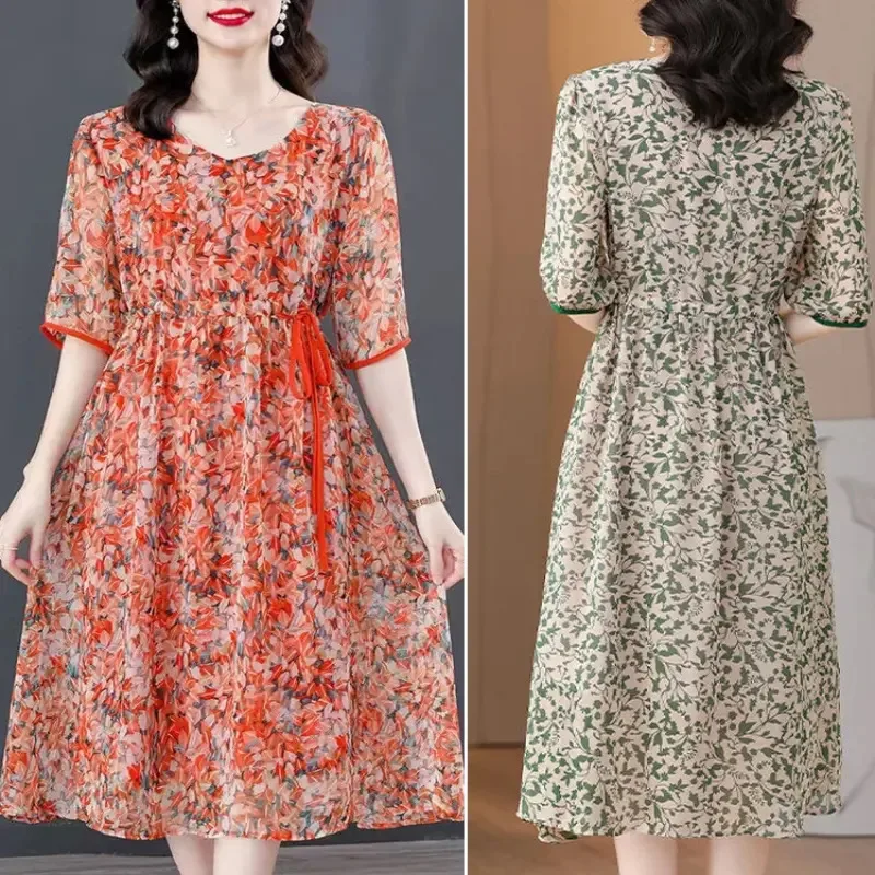 

Women's Summer Slimming Half Sleeve Floral Chiffon Long Dress