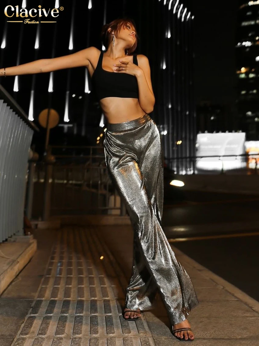 

Clacive Fashion Gray Glitter Women'S Pants 2023 Elegant High Waist Full Length Pants Female Casual Loose Party Straight Trousers