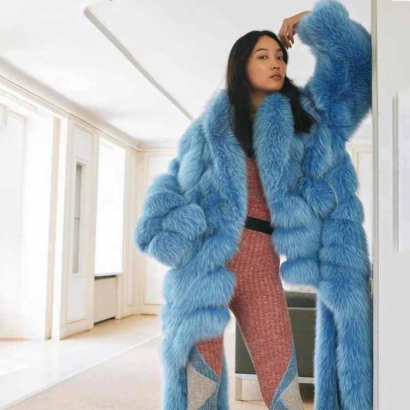 Natural Fox Fur Coat Women High Street Tassel Light Blue Outertwear Lady Winter Thicken Tide Genuine Real Fox Fur Jacket Female