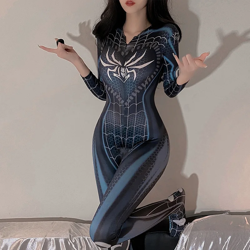 

Sexy Lingerie Spider Print Jumpsuit Temptation Cosplay Costumes Uniform Double Zipper Cos Tight Women Bodysuit Fancy Dress Suit