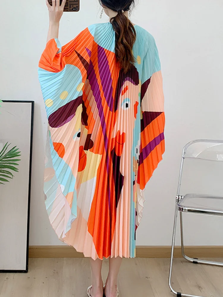 

Women Pleated TVVOVVIN Dress For Print Patchwork Round Collar Loose Cape Sleeve Knot Button 2023 Autumn Female Clothing O3ST