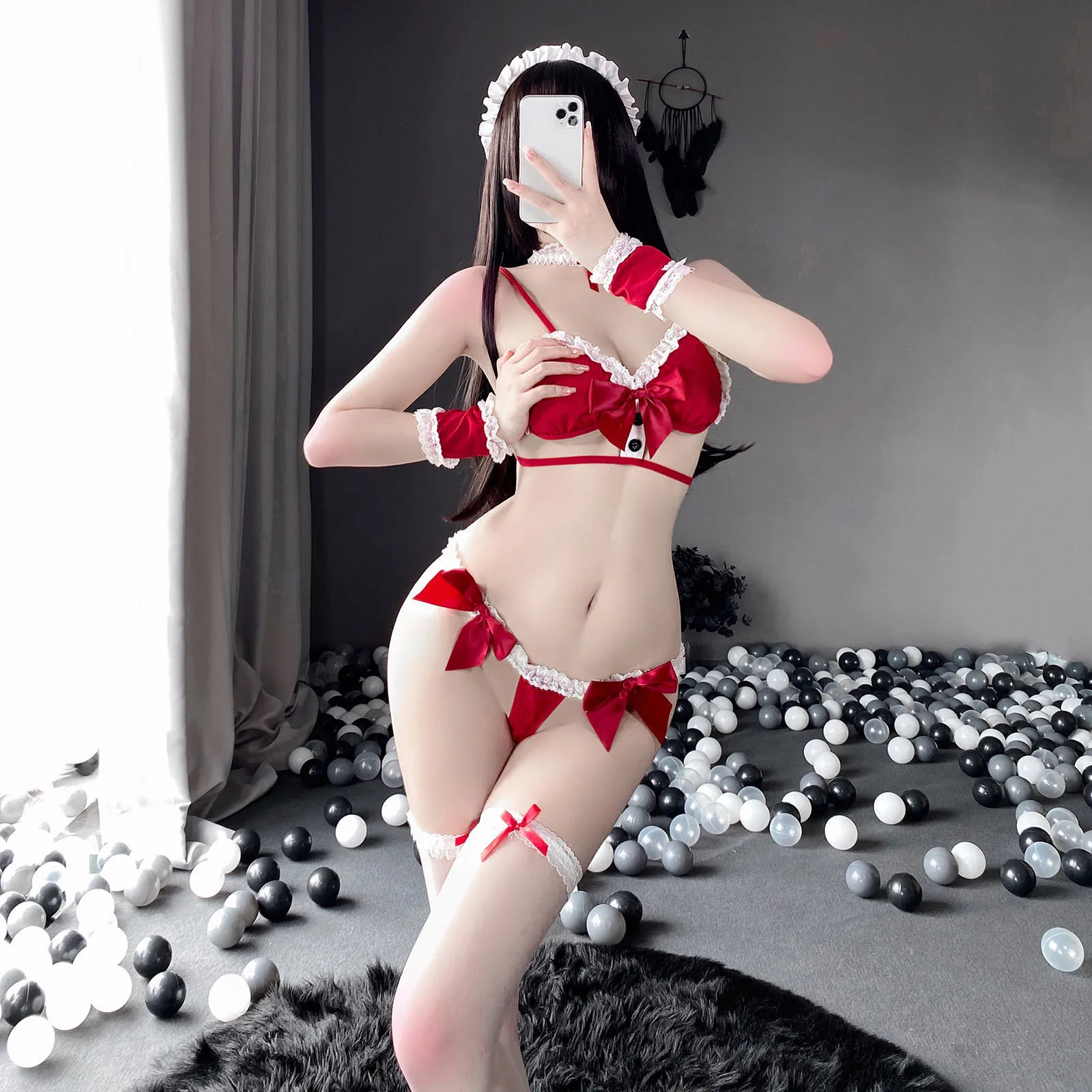 

Christmas Erotic Lingerie Costumes Women Sexy Spaghetti Strap Lace Trim Bownot Decor Miniskirt Pajamas Sexy Underwear Set боди