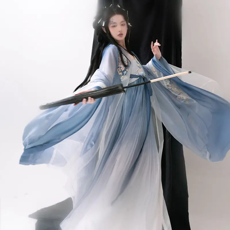 Женская голубая юбка Hanfu с вышивкой рубашка большим рукавом и принтом на весну