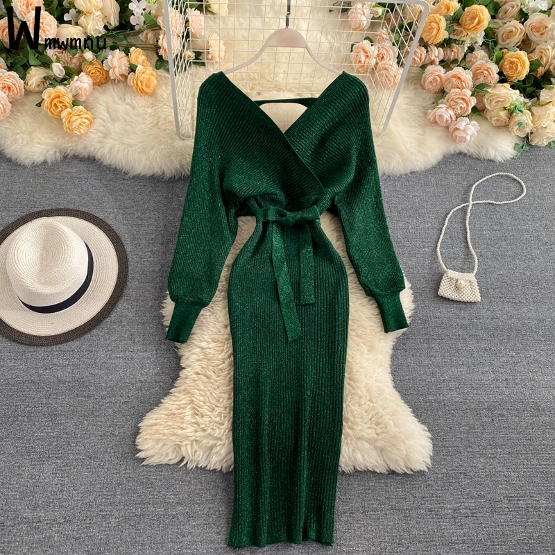 

Пикантное Трикотажное вечернее платье с V-образным вырезом, женское осеннее яркое шелковое повседневное элегантное платье средней длины со...