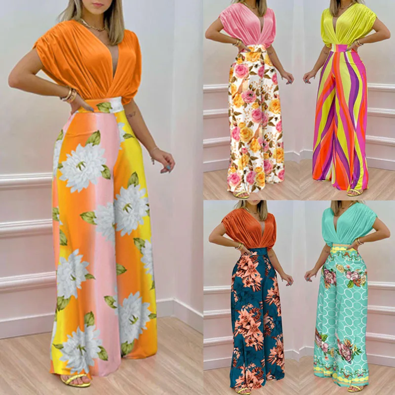 

2022 Women's Spring and Summer New Printed Tops Wide-leg Pants Two-piece Suit