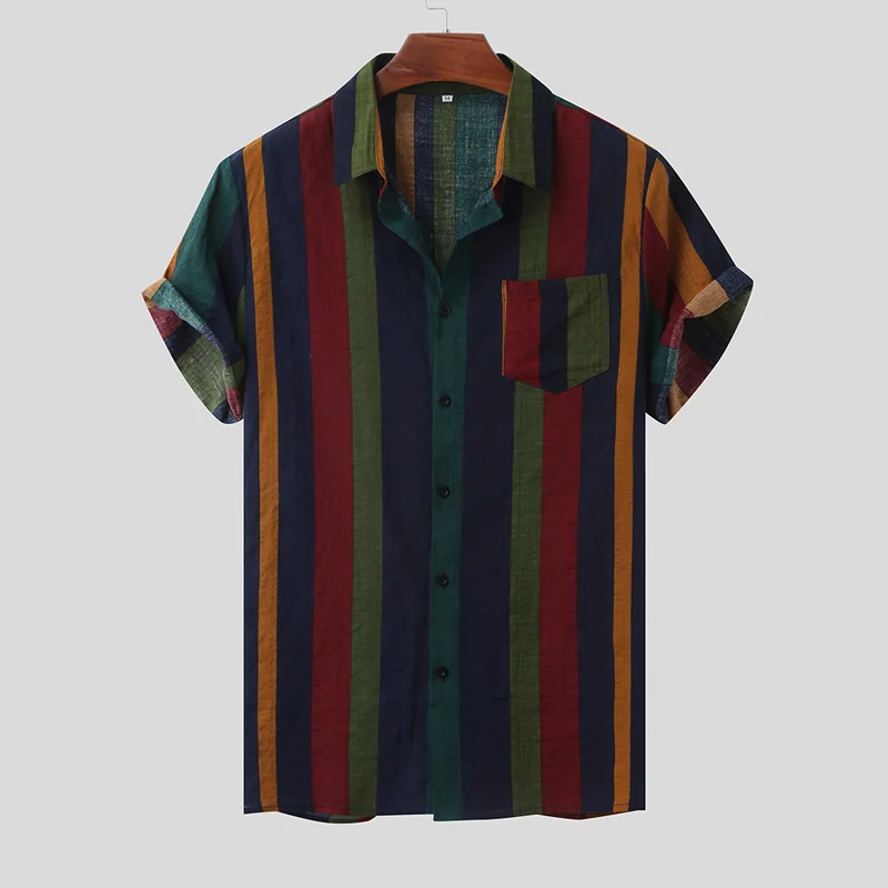 Hawaii Men Shirt Blouse Multicolor Stripes Loose Short Sleeve Casual Buttons Cotton Beach Shirt Men Camisas Para Hombre S-3xl