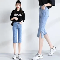 womens jeans casual high waist summer spring fashion cropped pants slim stretch cotton denim trousers for women light blue e46