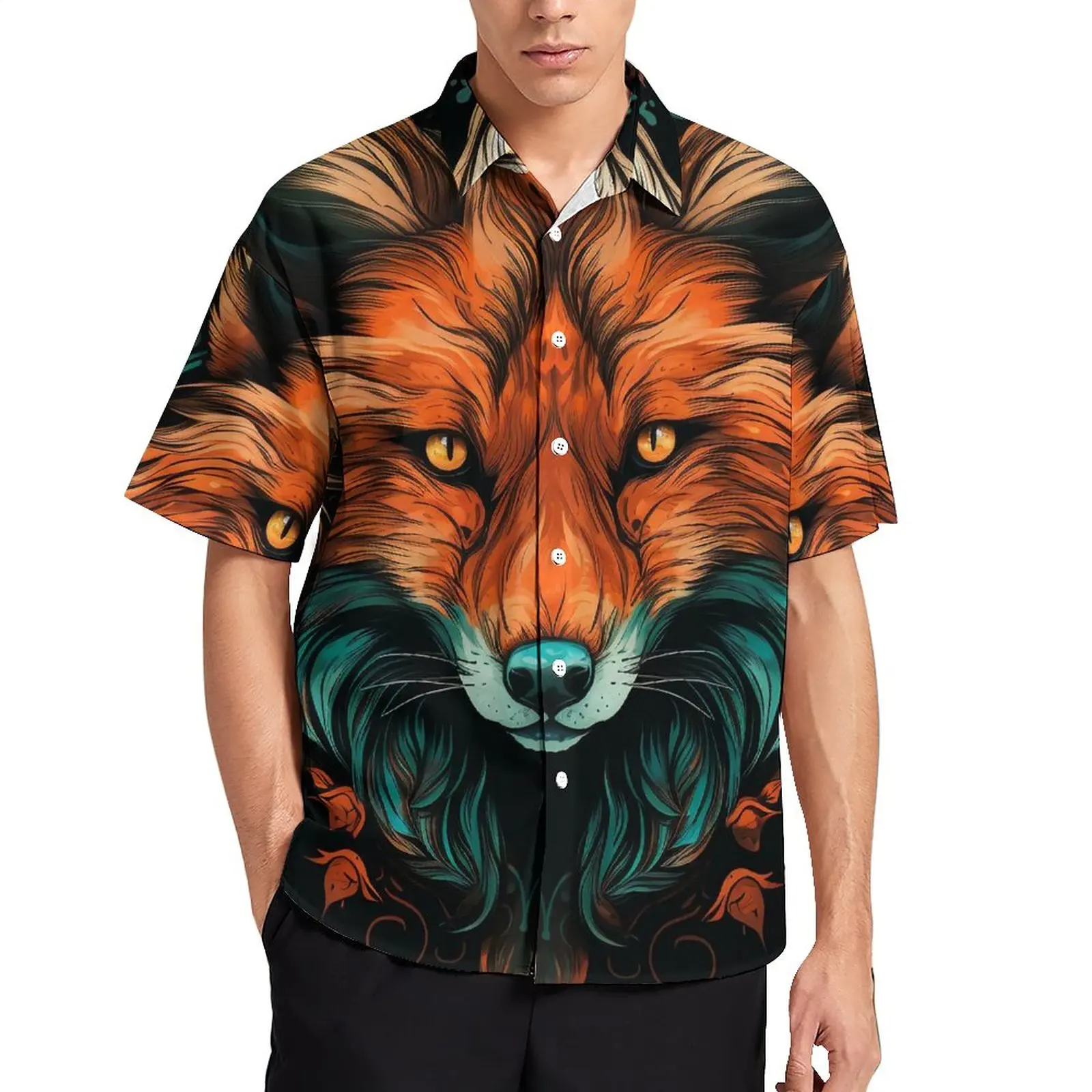 

Fox Loose Shirt Men Beach Vintage Style Illustration Casual Shirts Hawaiian Design Short Sleeve Streetwear Oversized Blouses