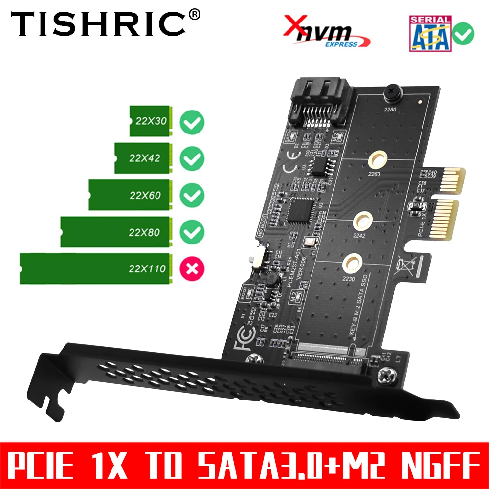 

TISHRIC PCIE 1X To SATA3.0 M2 NGFF Expansion Card PCI Express X16 Slot B-M KEY SATA Interface Controller Support Motherboard