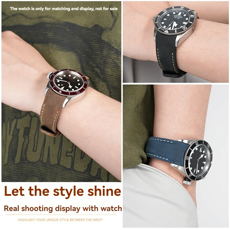 Фото Изогнутый ремешок 22 мм 20 мм для Tudor 1958 M79363 M79360, ремешок из натуральной кожи, браслет, ремешок для часов, черный, коричневый, синий, ремешок из воловьей кожи в стиле ретро №5