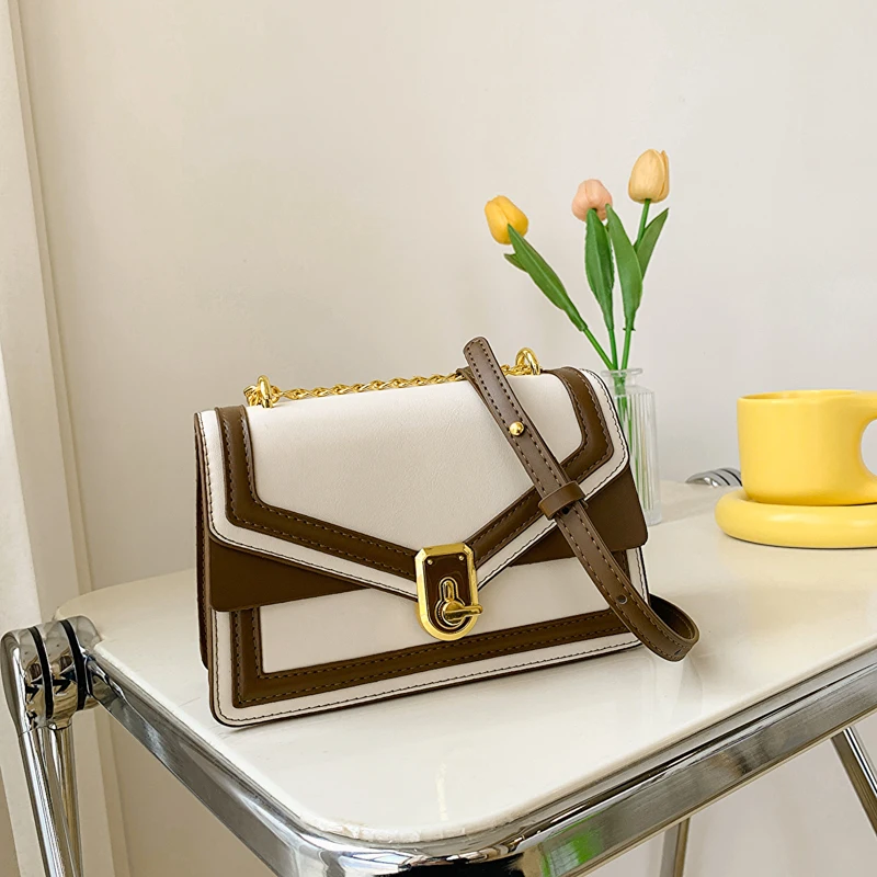 

Women's PU Leather Square Bag Simple Contrasting Colors Small Flap Bag Designer Ladies Underarm Bag Chain Crossbody Bag 2023