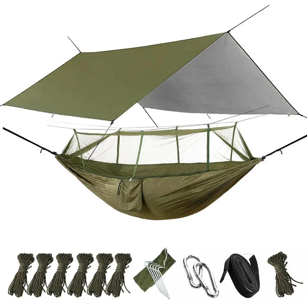 

Camping Hammock With Mosquito Net and Rainfly Cover Tarp Fall, Portable Double Nylon Parachute Hammock Tent Rainfly Set Backpac