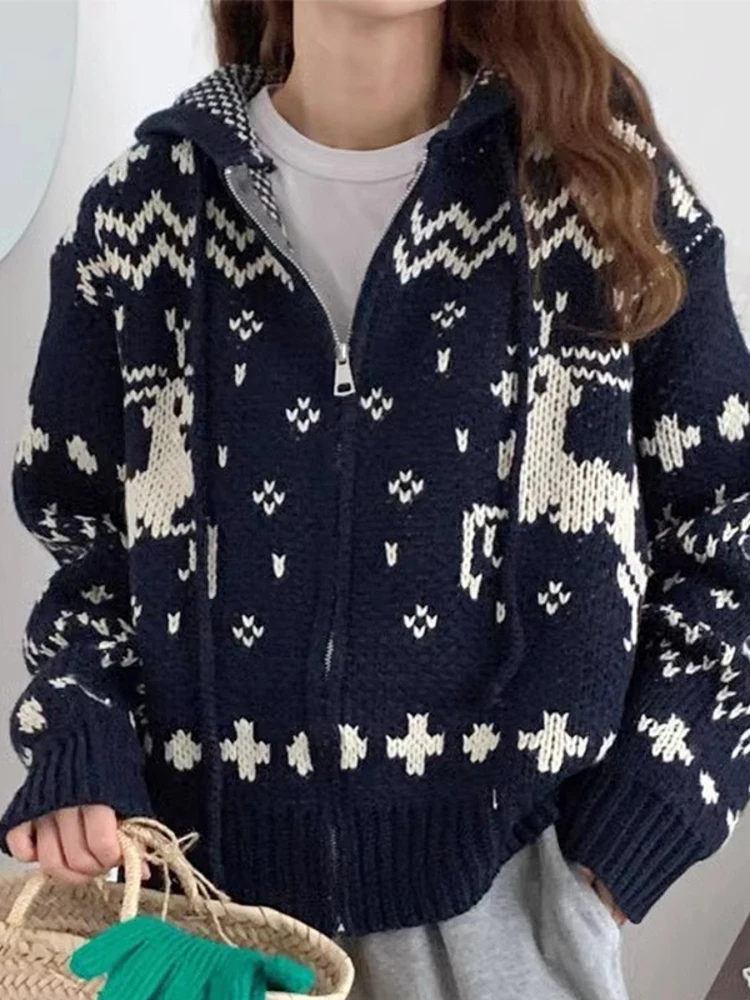 Женский жаккардовый кардиган на молнии с капюшоном и длинным рукавом X662