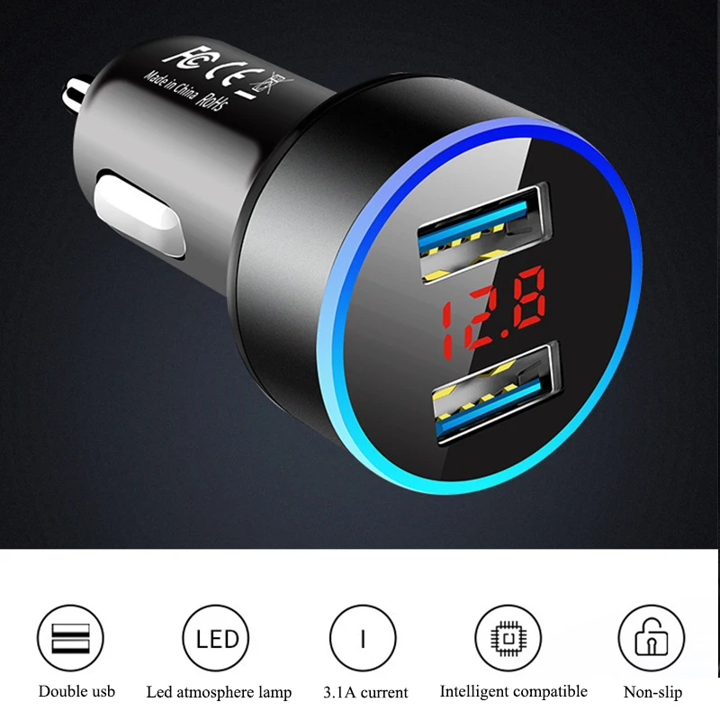 

Car Dual Usb Car Cigarette Lighter 5V 3.1A Power Socket Fast Charger Adapter with LED Display for Phones Cameras PC