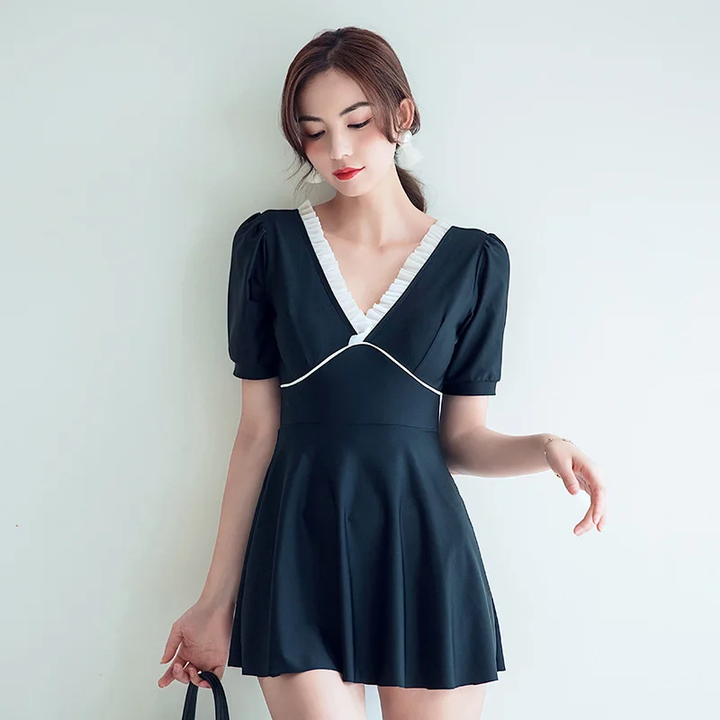 

Swimwear Women 2022 New Summer Soaking Hot Springs Conservative One-piece Skirt Type Black Thin Student Women's Swimsuit